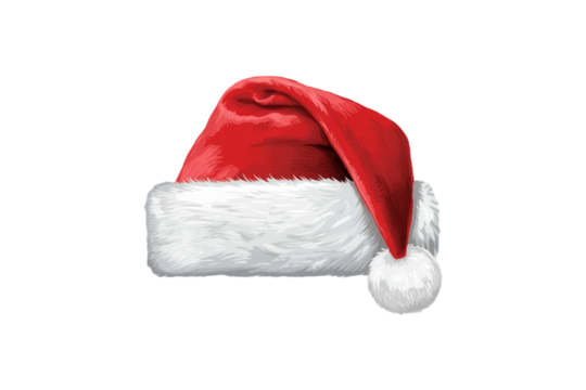 Classic red santa claus hat with white fluffy trim and a white pom pom isolated on transparent background - Powered by Adobe