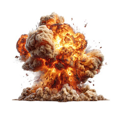 Fiery orange and yellow explosion cloud with smoke and debris isolated on transparent background