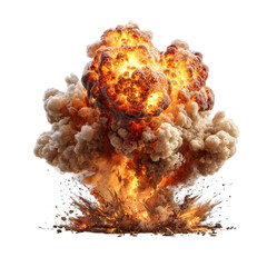 Intense fiery explosion with smoke and debris creating a powerful destructive force isolated on transparent background
