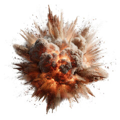 A dynamic and explosive burst of fiery orange and brown particles and smoke isolated on transparent background