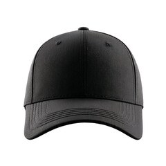 A plain black baseball cap with a curved brim shown from the front isolated on transparent background