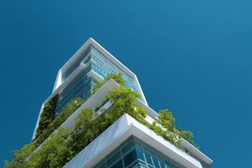 Modern architectural design of a green building against a clear blue sky in a vibrant urban setting