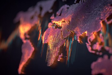 Digital representation of a world map with dynamic data visualization elements during a tech conference