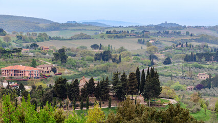 Rolling hills and picturesque vineyards create a tranquil countryside landscape