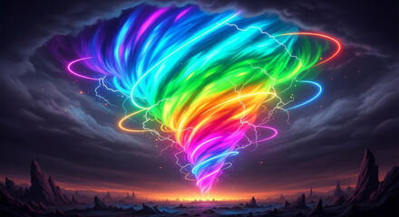 A vibrant and mesmerizing rainbow tornado swirling against a dark, dramatic sky, showcasing the power and beauty of natures forces with colorful energy