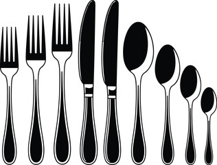 Cutlery Silhouette Set for Dining and Kitchen. Black Fork, Knife, Spoon Vector Collection.
