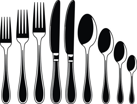 Cutlery Silhouette Set for Dining and Kitchen. Black Fork, Knife, Spoon Vector Collection.