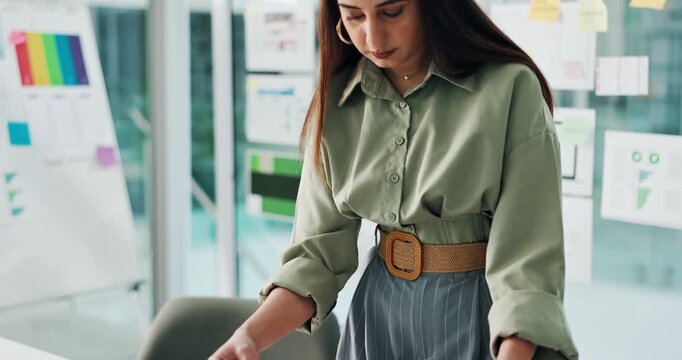 Creative woman, wireframes and planning with tablet for app development, UX or UI design in office. Female person, software engineer or web designer with documents or technology for mobile platform