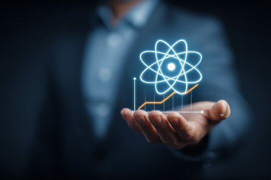 Professional man presenting an atomic model with growth graph in a modern business setting