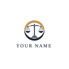 Professional law firm logo template with a modern scales of justice icon inside a circular emblem, ideal for legal and business use