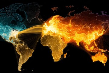 Global connections visualized through vibrant flow lines representing data movement across continents