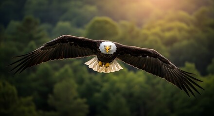 Obraz premium Majestic bald eagle soaring through forest canopy with sunlit highlights