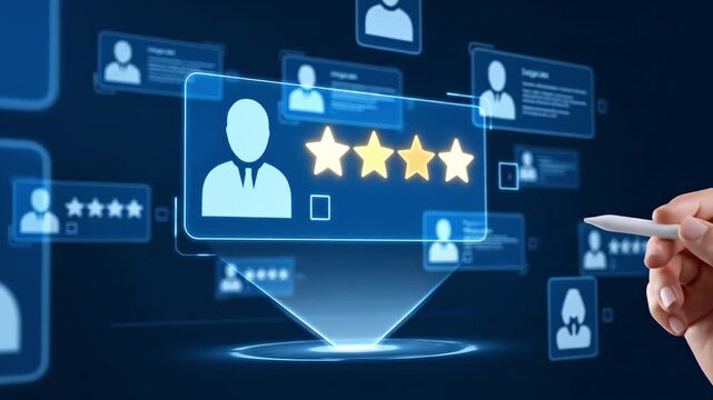 A customer review rating interface and digital feedback for user profile satisfaction, selecting digital profile with stylus futuristic touchscreen