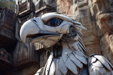 Robotic bird stands in futuristic world, showcasing intricate details amidst rocky architecture and sunlight