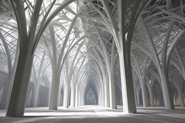 Modern architectural design featuring intricate white arches in a spacious hall with abstract light patterns