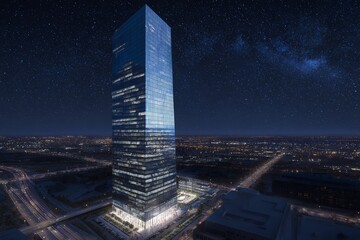 Modern skyscraper illuminated at night with stars and city lights in the background showcasing urban architecture