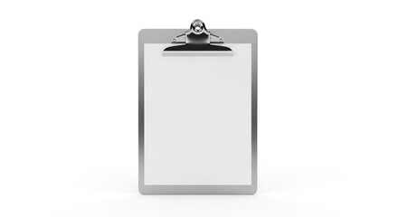 A clean and simple clipboard with a blank white paper is displayed, isolated on white background, ready for notes, documents, or any important information
