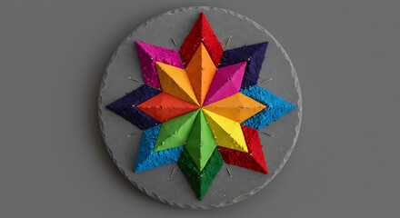 Symmetrical star pattern made of vibrant holi color powders on a circular stone base. Overhead shot of multicolored pigments arranged in a sharp geometric design on a grey background for cultural fest