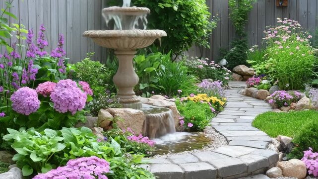selective focus property landscaping with decorative fountain