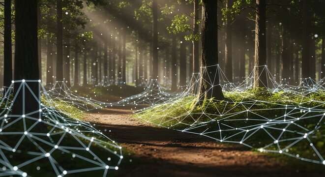 A forest scene with trees sunlight and a geometric network overlaying the ground and tree trunks