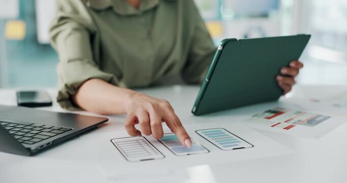 Person, hands and designer with wireframes on tablet for app design, UI or UX development in office. Software engineer, documents or planning with technology for mobile application or digital project