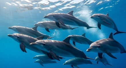 A pod of dolphins swims together underwater in clear blue ocean water with sunlight filtering from above