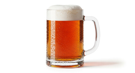 Refreshing mug of amber beer with a thick white head, isolated on white background, perfect for a summer day or a celebratory toast with friends