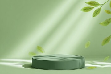 Green studio scene features a pedestal, leaves, and sunlight, creating a natural aesthetic