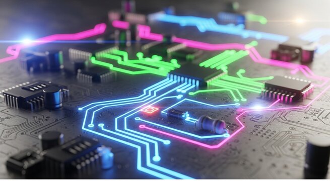 Digital hardware technology is clearly displayed on this electronic circuit board background, a macro view of a computer motherboard and processor chip