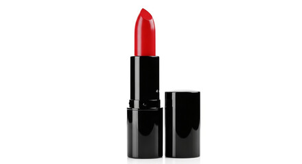 Vibrant red lipstick isolated on white background, showcasing its bold color and sleek packaging, ideal for makeup tutorials, beauty blogs, and cosmetic advertisements
