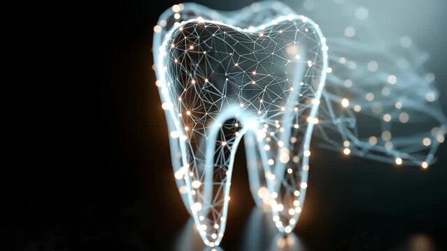 Futuristic dental technology showcasing an innovative digital tooth design with intricate network patterns and glowing particles