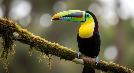 Obraz premium Vibrant toucan perched on mossy branch in lush rainforest nature wildlife