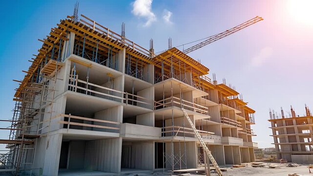 Construction site featuring a concrete building under construction against a clear blue sky day view