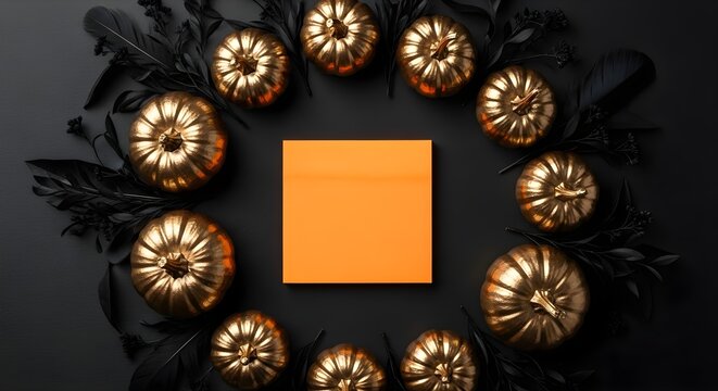 Halloween flat lay with golden pumpkins and black decor framing a blank orange note. Ideal for autumn messages, spooky designs, or festive announcements on a dark backdrop