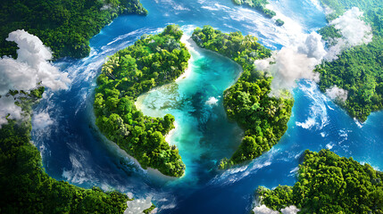 Fototapeta premium Stunning aerial view of lush, green isthmus surrounded by vibrant blue waters and clouds, showcasing beauty of nature harmony