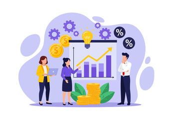 A business team collaborates on a financial strategy, analyzing a growth chart surrounded by icons of innovation, profit, and returns.