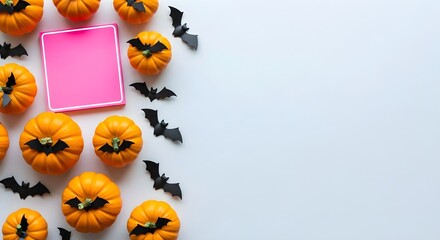 Halloween flat lay mini orange pumpkins, black bat cutouts, and a blank pink sticky note on white background. Festive autumn decor with space for messages