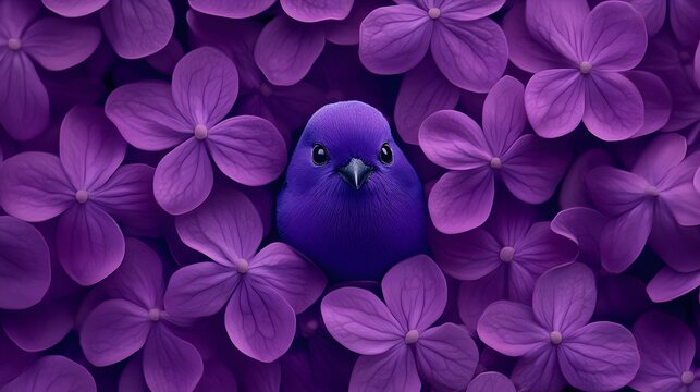 A cute purple bird surrounded by vibrant purple flowers,nature scene - Powered by Adobe