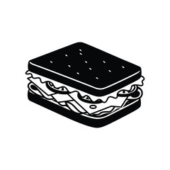 Simple black and white illustration of a stacked sandwich with fillings