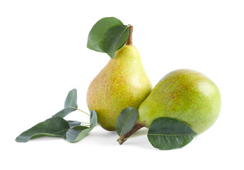 Fresh ripe pears with green leaves isolated on white