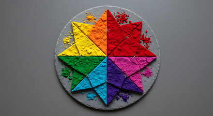 Vibrant holi powder arranged in a multi-colored geometric star shape on a round grey stone plate. Top down view of rainbow pigments including red green blue and yellow for indian festival of colors an
