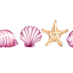 Seamless pattern of summer beach vacation elements featuring seashells and starfish, perfect background wallpaper for holiday celebrations and relaxation themes