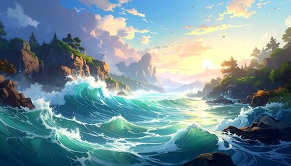 Beautiful Coastal Landscape with Waves, Rocks, and a Dramatic Sky