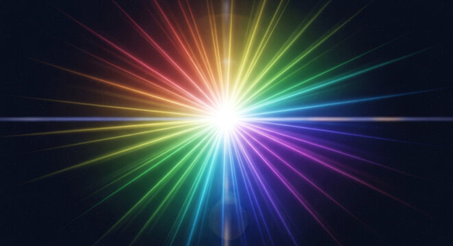 A vibrant rainbow light burst emanating from a central point, creating a stunning and colorful abstract background, perfect for adding energy to designs