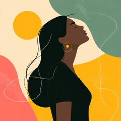 Illustration of a woman with closed eyes, long dark hair, and abstract colorful shapes