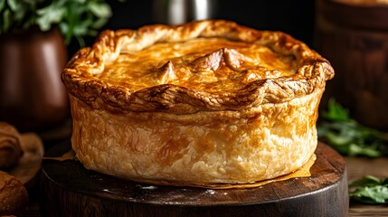 Delicious baked pie on wooden stand, flaky crust, savory homemade dish