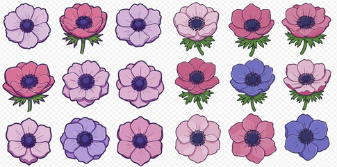 A collection of anemone flowers in various shades of pink, purple, and blue. © Heri