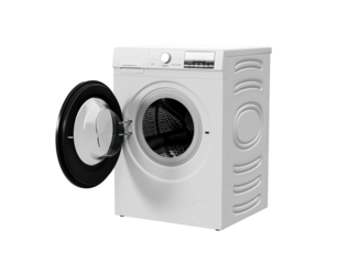 3d render Modern white front-loading washing machine with an open door isolated  background  laundry, minimal design and clean technology.