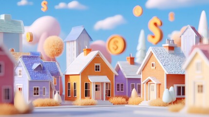 Obraz premium Colorful 3D Illustration of Happy Neighborhood with Floating Coins