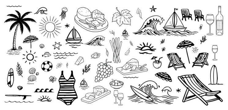 summer, beach, tropical, sea, ocean, surf, surfing, surfboard, wave, sun, palm tree, vacation, holiday, seaside, doodle, hand drawn, illustration, vector, coastal, relaxation, sunshine, tropical vibes